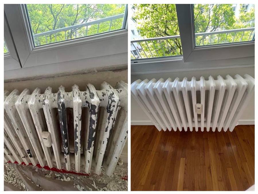 Radiateur en fonte à colonnes à Miserey-Salines : peinture partie jusqu'au métal avant travaux, repeint en blanc uniforme après