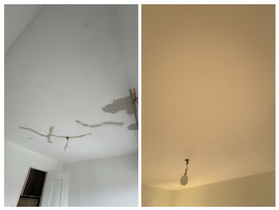 Plafond repris et repeint après dégât des eaux dans un appartement à Besançon, avant et après – RUSHITI Rénovation