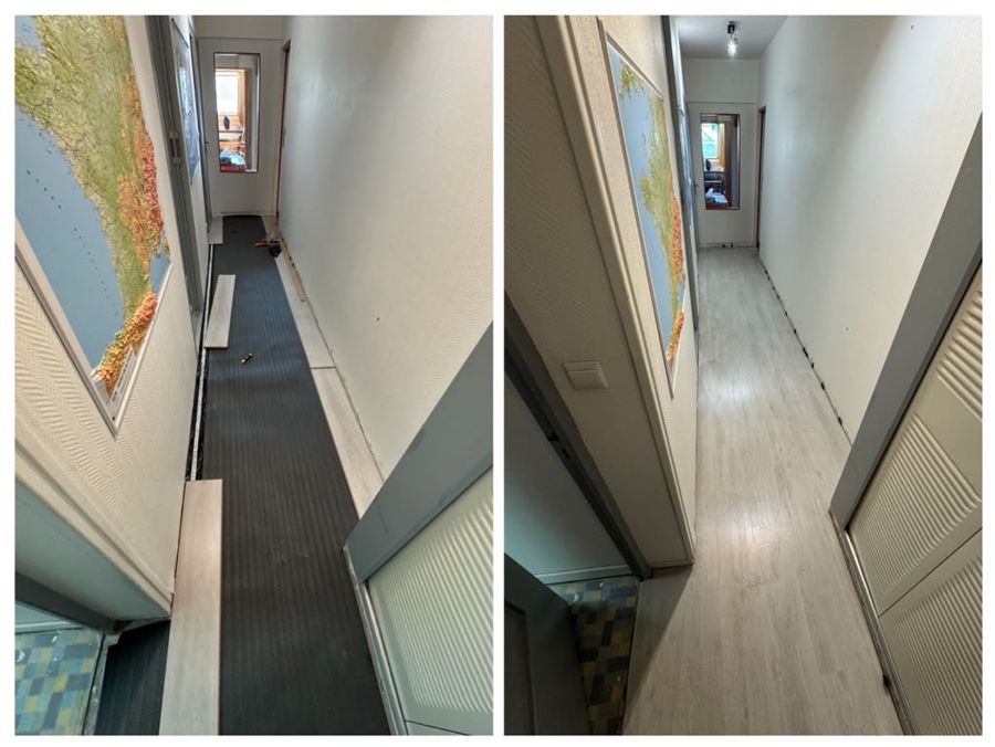 Pose de sol stratifié dans un couloir à Besançon, avant et après – RUSHITI Rénovation