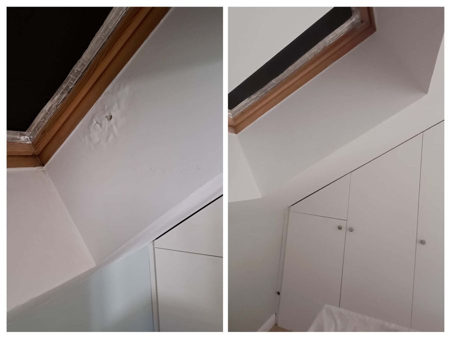 Reprise et peinture d'un rampant sous fenêtre de toit après dégât des eaux, avant et après – RUSHITI Rénovation, Besançon